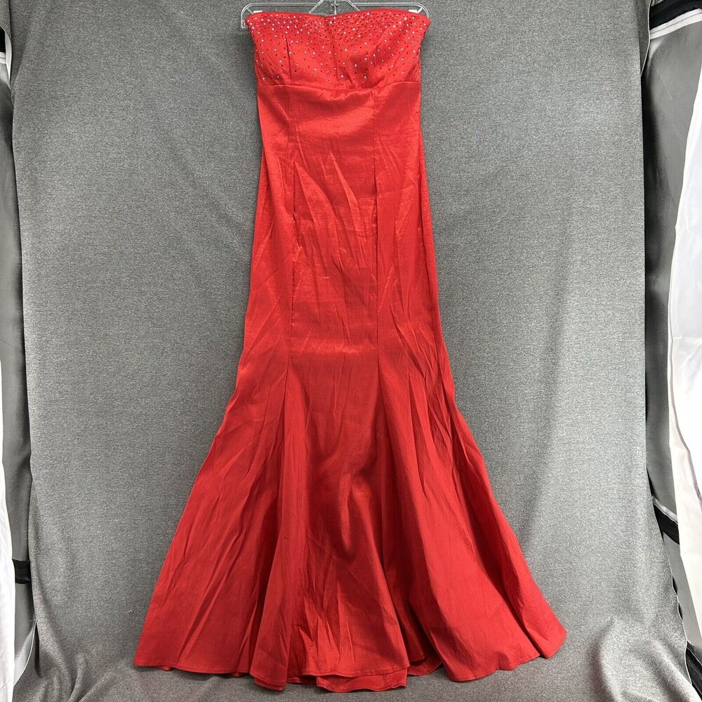 Vintage Y2K Ynes Dress Womens Large Red Strapless Rhinestone Prom Gown Maxi USA